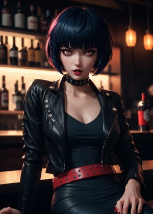 masterpiece, best quality, (detailed background), (beautiful detailed face, beautiful detailed eyes), absurdres, highres, ultra detailed, masterpiece, best quality, detailed eyes, upper body, 1_girl, cyberpunk scene, Tae Takemi, Persona 5 game, blue dark hair, pink lips, punkrock clothes, neck bone, messy bob cut, blunt bangs, brown eyes, red nails polish, short blue dress, black ripped leggings, short black jacket, red grommet belt, choker, midnight, at a bar background, sexy pose, erotic pose, alluring pose, mouth open, kinky, close-fitting clothing, undressing, arms_crossed, arms_folded, crossed_legs_(sitting)