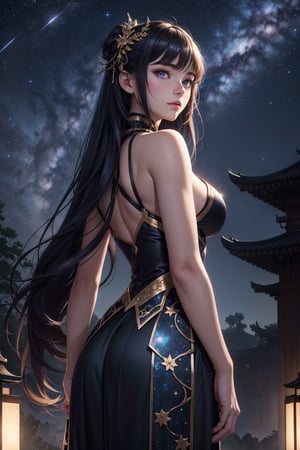 best quality ,masterpiece, illustration, an extremely delicate and beautiful, extremely detailed ,CG ,unity ,8k wallpaper, Amazing, finely detail, masterpiece, best quality, official art, extremely detailed CG unity 8k wallpaper, huge filesize , ultra-detailed, highres, extremely detailed, beautiful detailed girl, extremely detailed eyes and face, beautiful detailed eyes, light on face, 1girl, (18yo:1.2), glaring, serious, from behind, (galaxy:1.2), star \(sky\), (night sky:1.4), outdoors, (upper body:1.2), detailed sky, night, arms at sides, bule eyes, china dress, east asian architecture,  see-through,