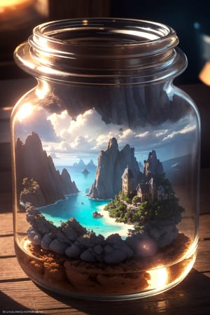 masterpiece, best quality, ultra detailed, hyperresolution, ultra-resolution
Island inside glass jar, glass jar, island middle of ocean, miniature island, mini island, ocean inside jar, ocean, cinematic, jar on table, brown table, bokeh, dark room, sun light, dungeon, background blur,mini\(ttp\)