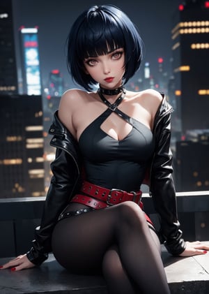 masterpiece, best quality, (detailed background), (beautiful detailed face, beautiful detailed eyes), absurdres, highres, ultra detailed, masterpiece, best quality, detailed eyes, upper body, 1_girl, cyberpunk scene, Tae Takemi, Persona 5 game, blue dark hair, pink lips, punkrock clothes, neck bone, messy bob cut, blunt bangs, brown eyes, red nails polish, short blue dress, black ripped leggings, short black jacket, red grommet belt, choker, midnight, city background, sexy pose, erotic pose, alluring pose, mouth open, kinky, close-fitting clothing, undressing, arms_crossed, arms_folded, crossed_legs_(sitting)