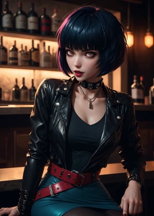 masterpiece, best quality, (detailed background), (beautiful detailed face, beautiful detailed eyes), absurdres, highres, ultra detailed, masterpiece, best quality, detailed eyes, upper body, 1_girl, cyberpunk scene, Tae Takemi, Persona 5 game, blue dark hair, pink lips, punkrock clothes, neck bone, messy bob cut, blunt bangs, brown eyes, red nails polish, short blue dress, black ripped leggings, short black jacket, red grommet belt, choker, midnight, at a bar background, sexy pose, erotic pose, alluring pose, mouth open, kinky, close-fitting clothing, undressing, arms_crossed, arms_folded, crossed_legs_(sitting)