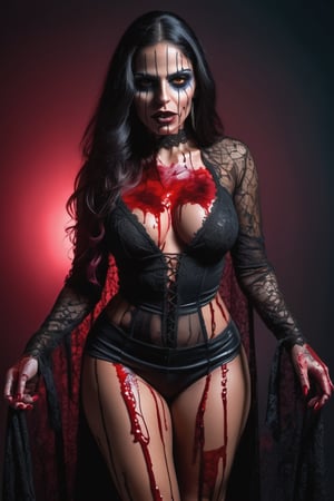 extreme face details. Photographic FULL BODY SHOT of LATINA MEXICAN vampire violent stake in hand bloody woman, HUGE TITS, wearing lace transparent skintight, colorful blood dripping shade around, 