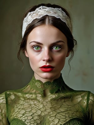 THANKSGIVING THEME. a photorealistic portrait of a stunningly beautiful woman without make-up, extremely detailed light green hazel eyes, detailed symmetric realistic face, red lips, natural skin texture, extremely detailed skin with skin pores, red lace fuzz, messy all directions hair, wearing a  lace over her head, masterpiece, absurd res, award-winning photo by lee jeffries, Nikon d850 film stock photograph, kodak portra 400 camera f1.6 lens, extremely detailed, amazing, fine detail, rich colors, hyper-realistic lifelike texture, dramatic lighting, unreal engine, trending on artstation, cine still 800 tungsten, looking at the viewer, photo-realistic, RAW photo, TanvirTamim, high quality, high res, sharp focus, extremely detailed, cinematic lighting, 8k UHD. HALLOWEEN THEME.