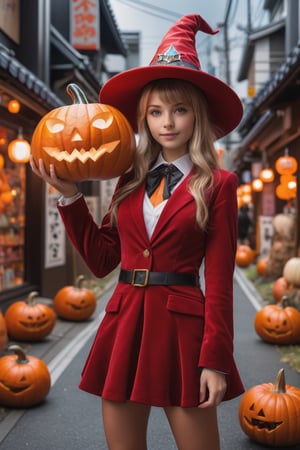 Cosmic Girl langley holding a halloween pumpkin with wizard hat, in the street in Tokyo,many pumpkins, three wizards, COSMIC GIRL, red vinil suit, (masterpiece), best quality, high resolution, highly detailed, detailed background, perfect lighting, 1girl,  exoskeleton suit,