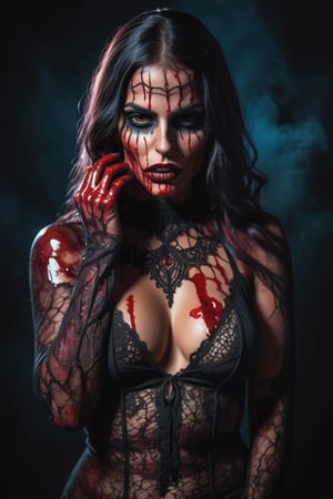 extreme face details. Photographic FULL BODY SHOT of LATINA MEXICAN vampire violent stake in hand bloody woman, HUGE TITS, wearing lace transparent skintight, colorful blood dripping shade around, 