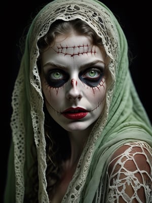 HALLOWEEN THEME. a photorealistic portrait of a stunningly beautiful woman without make-up, extremely detailed light green hazel eyes, detailed symmetric realistic face, red lips, natural skin texture, extremely detailed skin with skin pores, red lace fuzz, messy all directions hair, wearing a shawl lace over her head, masterpiece, absurd res, award-winning photo by lee jeffries, Nikon d850 film stock photograph, kodak portra 400 camera f1.6 lens, extremely detailed, amazing, fine detail, rich colors, hyper-realistic lifelike texture, dramatic lighting, unreal engine, trending on artstation, cine still 800 tungsten, looking at the viewer, photo-realistic, RAW photo, TanvirTamim, high quality, high res, sharp focus, extremely detailed, cinematic lighting, 8k UHD. HALLOWEEN THEME.