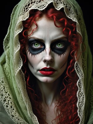 HALLOWEEN THEME. a photorealistic portrait of a stunningly beautiful woman without make-up, extremely detailed light green hazel eyes, detailed symmetric realistic face, red lips, natural skin texture, extremely detailed skin with skin pores, red lace fuzz, messy all directions hair, wearing a shawl lace over her head, masterpiece, absurd res, award-winning photo by lee jeffries, Nikon d850 film stock photograph, kodak portra 400 camera f1.6 lens, extremely detailed, amazing, fine detail, rich colors, hyper-realistic lifelike texture, dramatic lighting, unreal engine, trending on artstation, cine still 800 tungsten, looking at the viewer, photo-realistic, RAW photo, TanvirTamim, high quality, high res, sharp focus, extremely detailed, cinematic lighting, 8k UHD. HALLOWEEN THEME.