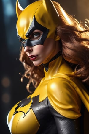 Photo Raw of sensual wet soapy yellow Batgirl (Comics), super low-cut sexy costume showing body abs skin, sensual giant breasts, and huge hips look, parted lips. octane rendering, highly detailed, volumetric and dramatic lighting

 