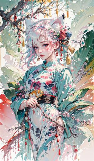 Girl,kimono,white hair,short hair,kemono mimi, fox ear,hua,nine_tail (masterpiece, best quality), (Soft light), (shiny skin), 1girls, chinese ink painting style,1girl,chinese cheongsam,YAMATO,yaohu,Beldel,pink hair