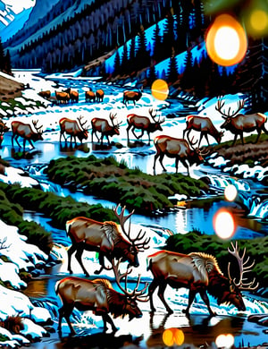 ((masterpiece)), best quality, (8k, best quality, masterpiece: 1.2), ultra-detailed, a herd of elk walking along a river in a mountain valley.