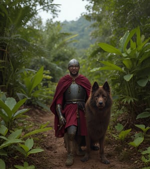 A man dressed as a knight with his dog in a tropical forest, high quality, photorealistic, 8K