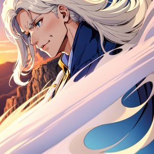 long shot of a Varied Relaxing Albanian Male Veterinarian, White hair styled as Shaggy, background is Glacier, at Sunset, soft focus, Light, soft light, F/8, Beige and Navy Blue splash, Swirling, extremely hyper aesthetic