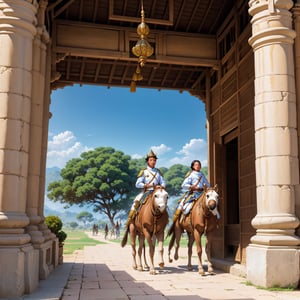 Draw a photo of ancient bagan, Hight quality, people are walking around by riding white elephant(detail), The king wandered around the palace(detail),the swordman troops, Cavalry troops,