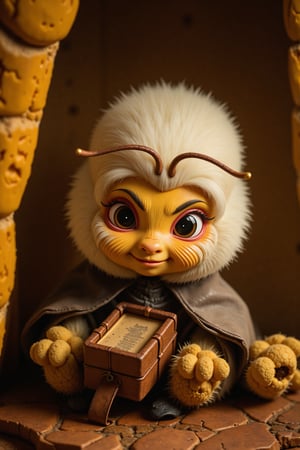 A close-up shot of a psychologist bee, Peluche, sitting in a cozy hive-styled therapy room. Soft, warm lighting illuminates her gentle features and the worn leather-bound book she's holding. Her antennae are slightly askew, as if lost in thought. The walls are adorned with honeycombed patterns, adding to the whimsical atmosphere. Peluche's pose conveys empathy and understanding, inviting the viewer into a world where bees can explore their emotional lives.

