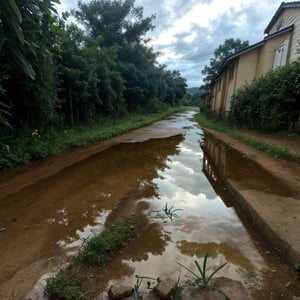 Concept art, no humans, water puddles, country side, rain, cloudy,