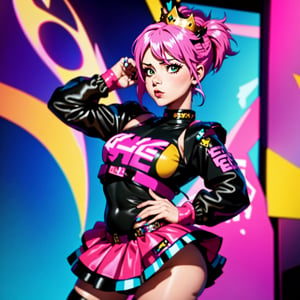 araffe girl with pink hair and a crown on her head, dressed in punk clothing, dressed in crustpunk clothing, anime girl cosplay, cybergoth, wearing a punk outfit, kerli koiv as anime girl, 1 7 - year - old anime goth girl, belle delphine, anime cosplay, with pink hair, anime girl in real life, punk girl