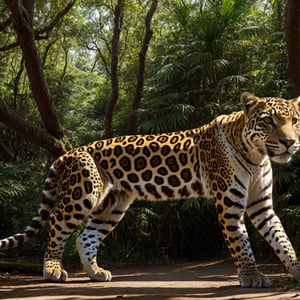 (best quality,4k,8k,highres,masterpiece:1.2),vibrant colors,lush green forest,jaguar in its natural habitat,wildlife close-up,nature's camouflage,breathtaking scenery,pristine environment,majestic creature,untouched wilderness,intricate foliage,stealthy predator,serene atmosphere,first light of dawn,sunlight filtering through trees,silent movement of the jaguar,fierce and determined gaze,hidden treasures of the forest,unspoiled beauty,subtle play of shadows,graceful and agile movements,peaceful coexistence with nature