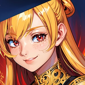 woman's face, long blonde hair, smiling, sun is red, (digital painting, concept art, smooth, sharp focus, intricate details, close-up, masterpiece: 1.2)