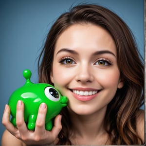 a cute green slime, gelatinous texture, shiny and gooey appearance, innocent expression, large expressive eyes, adorable smile, playful and mischievous, floating in mid-air, colorful background, dynamic lighting, vibrant colors, (best quality,4k,8k,highres,masterpiece:1.2),ultra-detailed,(realistic,photorealistic,photo-realistic:1.37),cute,whimsical,fantasy