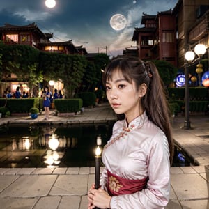 Masterpiece, Best, Night, Full Moon, 1 Female, Mature Woman, Chinese Style, Ancient China, Elder Sister, Royal Sister, Cold Face, Expressionless, Silver White Long Haired Woman, Light Pink Lips, Calm, Intellectual, Three Bangs, Gray Hitomi, Assassin, Long Sword, Swordsman, Fighting, Street View, Facial Details,