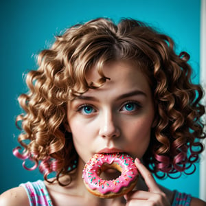 a girl eating a donut, detailed facial features, beautiful curly hair, delicate skin, sweet expression, pink donut, colorful sprinkles, fluffy pastry, shiny glaze, warm lighting, cinematic composition, vibrant colors, highly detailed, photorealistic, 8k, masterpiece