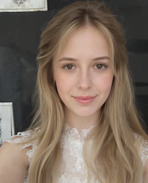 masterpiece, best quality,facing viewer, upper body,middle age female,Greek goddess's demeanor, melon seed face, ((slender eyes)), mole under eye,brown eyeballs, thin lips, blonde hair, very long hair, closed mouth and smile,40 year old, self-portrait, Simple background,white dress,