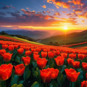 a field of vibrant tulips, beautiful detailed flowers, intricate petals, lush green leaves, rolling hills, golden sunset lighting, serene landscape, cinematic composition, (best quality,4k,8k,highres,masterpiece:1.2),ultra-detailed,(realistic,photorealistic,photo-realistic:1.37),vibrant colors,natural lighting,landscape photography