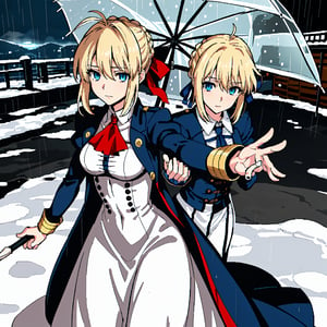 masterpiece, best quality, highres, (((violet evergarden)), braid, hair ribbon, red ribbon, jewelry, white ascot, brooch, blue jacket, long sleeves, mechanical hands, white dress, long dress, , (reaching out:1.2), outstretched arm

vibrant colors,blue,detailed rain drops

(((anime girl with blue eyes holding an umbrella in the rain))), artoria pendragon, violet evergarden, detailed digital anime art, anime style like fate/stay night, fate grand order, epic light novel art cover, clean detailed anime art, epic light novel cover art, fate / stay night, detailed key anime art, light novel cover art, alice x. zhang,1 girl,

a woman holding an umbrella in the snow, artoria pendragon, streaming on twitch, stunning character art, violet evergarden, inspired by Kazimierz Wojniakowski, frida, ultramarine, walking toward you, queen of longing, steampunk aesthetic