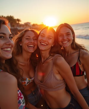 group of women and men de edades aleatorias,  random expressions and random clothes all together taking a foto on a sunset beach