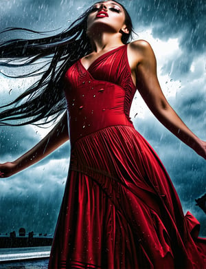 a young woman dancing in the rain, beautiful detailed eyes, beautiful detailed lips, extremely detailed eyes and face, long eyelashes, elegant long dress red, flowing hair, water droplets, moody cloudy sky, cinematic lighting, dramatic colors, fantasy, surreal, hyperrealistic, 8k, high quality, photorealistic, professional digital painting, masterpiece