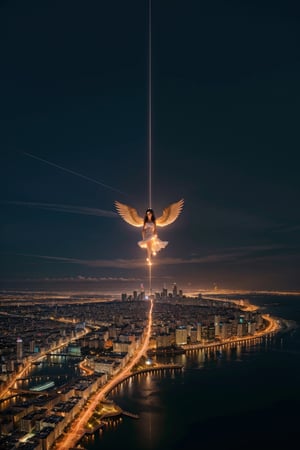 This image depicts an angel woman hovering over a city at night. The city lights create a golden and dramatic atmosphere, while its delicate presence and dark wings contrast with the urban environment. The woman seems protective and vigilant.