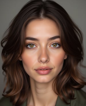 portrait of a confident, beautiful young woman. her shoulder length brown hair frames her face. natural beauty. beautiful green and brown eyes. catchlights in the eyes. full lips. The image has a neutral color tone with natural light setting. f/5.6 50mm, close-up, sharp focus, (Best Quality:1.4), (Ultra realistic, Ultra high res), Highly detailed, Professional Photography