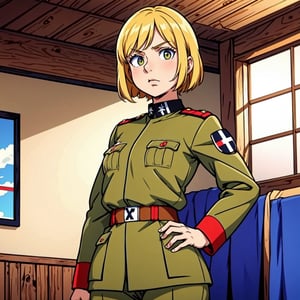 arafed image of a girl in a military uniform standing in a room, adolf hitler, inspired by Adolf Dietrich, hitler, colorized, inspired by Adolf Born, colorized photograph, a colorized photo, colourized, inspired by Adolf Fényes, colorized photo, inspired by Adolf Ulric Wertmüller, inspired by Adolf Hölzel, colourised