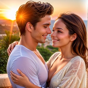 best quality, highres, ultra-detailed, HDR, realistic couple photo, natural lighting, intimate pose, loving gaze, warm atmosphere, soft colors, gentle touch, romantic setting, outdoor location, sunset backdrop, candid shot, blissful moment, genuine smiles, loving embrace, connection between two souls, happy memories, eternal love,1 girl