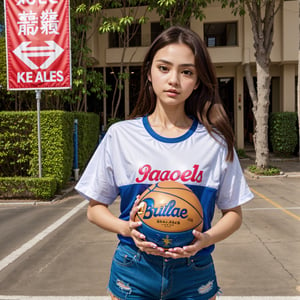 1 girl standing, wearing basket ball shirt, very detail, realistic, holding ball, 27 years old, long hair