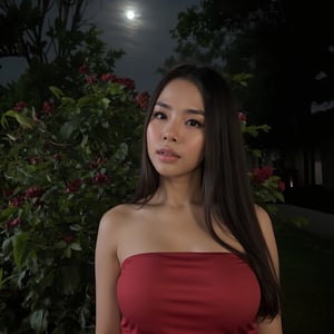 a woman in a night garden, confessing under the moonlight, long dark hair, beautiful detailed eyes, beautiful detailed lips, extremely detailed face, longeyelashes, delicate facial features, elegant evening gown, vulnerable expression, moonlit garden, blooming flowers, lush foliage, soft lighting, serene atmosphere, muted color palette, (best quality,4k,8k,highres,masterpiece:1.2),ultra-detailed,(realistic,photorealistic,photo-realistic:1.37),dramatic lighting,cinematic composition,emotional portrait