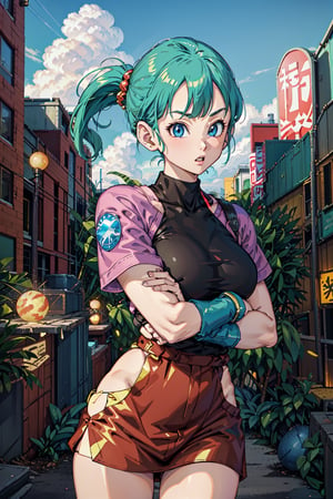 best quality,ultra-detailed,photorealistic,bustling,energetic scene,Bulma in action,girl with blue hair,adventurous expressions,stylish outfit,sci-fi elements,Western-style desert,ancient ruins,mysterious artifacts,dynamic poses,fierce battles,vibrant colors,anime style,comic book aesthetic,action-packed,martial arts combat,floating energy orbs,flying debris,explosions,glowing power-ups,unique character designs,humans and aliens,futuristic technology,high-speed movement,superhuman strength,animated drama,heroic feats,world-saving missions,epic storytelling,supportive and loyal friends,intense rivalries,iconic transformations,cheerful and determined attitude,lively and humorous dialogues,symbolic dragon balls,magical wishes,adrenaline-pumping soundtrack,intergalactic adventure,fantasy elements,unforgettable moments.,dragon ball