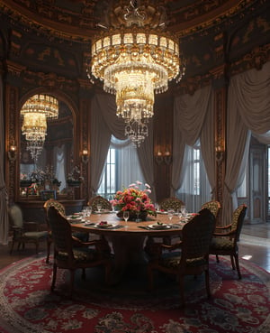 there is a dining room with a table and chairs and a chandelier, cgsociety 9, futuristic persian palace, cgsociety unreal engine, redshift houdini, futuristic. game cg, unreal engine cinema4d, ornate cyberpunk interior, hyperrealistic symmetrical 8k, rene lalique and eddie mendoza, cinematic unreal 5, cinematic smooth unreal engine