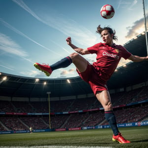 realistic sports photography, 1 soccer player, dynamic action pose, powerful kick, mid air, motion blur, dramatic lighting, cinematic composition, wide angle lens, ultra-detailed, (best quality,8k,highres,masterpiece:1.2),extremely detailed,photorealistic,vivid colors,professional