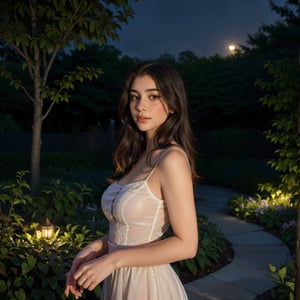 A romantic moonlit night, a young woman confessing her love, detailed facial features, beautiful dress, flowing hair, moonlit garden, soft lighting, impressionist style, muted colors.