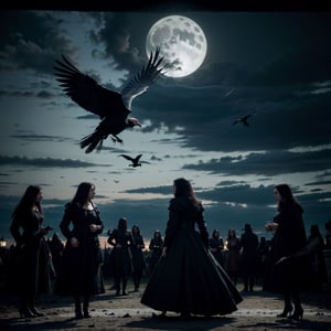 a flock of crows soaring in the dark sky, glossy feathers shining in the moonlight, eerie and mysterious atmosphere, (best quality, highres, masterpiece:1.2), ultra-detailed, realistic:1.37, sharp focus, intense contrast, black and white photography, dramatic lighting, horror, gothic style, hauntingly beautiful.