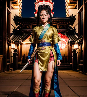 Akira Kurosawa's movie-style poster features a full-body shot of a 28-year-old girl, embodying the samurai spirit of Japan's Warring States Period, An enigmatic female samurai warrior, clad in ornate armor and wielding a gleaming katana, This striking depiction, seemingly bursting with unspoken power, illustrates a fierce and formidable female warrior in the midst of battle. The image, likely a detailed painting, showcases the intensity of the female samurai's gaze and the intricate craftsmanship of his armor. Each intricately depicted detail mesmerizes the viewer, immersing them in the extraordinary skill and artistry captured in this remarkable piece.,realistic,nodf_lora,masterpiece