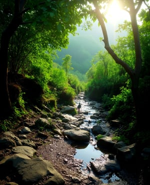 a small arroyo passing through a damp ground, detailed rock formations, mossy banks, lush greenery, sunlight filtering through the trees, serene atmosphere, realistic, photorealistic, photo-realistic:1.37, (best quality,4k,8k,highres,masterpiece:1.2),ultra-detailed, vivid colors, natural lighting, atmospheric, tranquil, picturesque landscape, intricate details, stunning scenery,girl