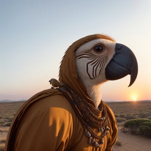 (best quality,4k,8k,highres,masterpiece:1.2),ultra-detailed,(realistic,photorealistic,photo-realistic:1.37),an elderly man with a parrot on his shoulder in a plain in Africa,illustration,outdoors, vibrant colors, wildlife, vast landscape, African savannah, golden sunset light, serene atmosphere, traditional clothings, peaceful coexistence, harmonious relationship, detailed facial expression, magnificent bird feathers,mj