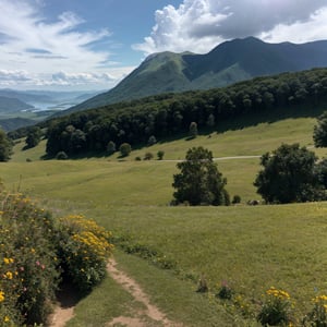 realistic watercolor landscape, a beautiful scenic countryside, rolling hills, lush green meadows, vibrant wildflowers, towering mountains in the background, fluffy clouds in the sky, shimmering lake reflecting the landscape, (best quality,4k,8k,highres,masterpiece:1.2),ultra-detailed,(realistic,photorealistic,photo-realistic:1.37),professional, vivid colors, natural lighting, atmospheric perspective, intricate details