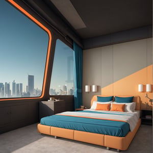 a gorgeous sci - fi bedroom matte painting by john harris, sparth and greg rutkowski. sharp edges, tiffany blue, grey orange, white and golden. sci - fi bedroom in a space base, outside the windows a future city skyline, light effect. ultra clear detailed, 3 d, octane render. 8 k
