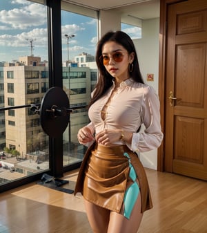 blouse,  lifting_skirt,burlywood_body, earrings, sunglasses,office,masterpiece, 8k photograph, instagram style, photo, male_pov, teasing,risky