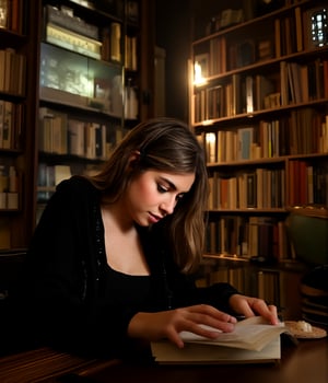 1 person in a library, studying, realistic, detailed facial features, intense concentration, mesmerized by book, warm lighting, cozy atmosphere, elegant bookshelves, sunlight streaming through windows, highly detailed, photorealistic, 8k, sharp focus, vivid colors, studio lighting, cinematic framing