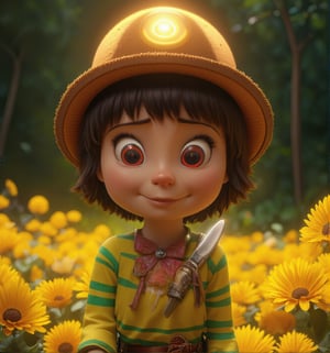 Red eyes, girl, holding a knife, yellow-green striped shirt with thicker stripes, red eyes glowing red, head tilted, short brown hair mushroom head, with a clear smile on his face, Chara, two-dimensional, standing among golden flowers with a ray of light above his head