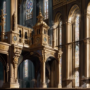 (extremely detailed and realistic CG, masterpiece, best quality, ultra-detailed), steampunk, Sao Paulo Metropolitan Cathedral, (best illumination, best shadow, an extremely delicate and beautiful), dynamic angle, cinematic atmosphere, ornate metalwork, gears, clockwork, smoke, steam, period costume, vibrant colors.